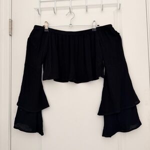 Tobi Black Off-Shoulder Tiered Bell Sleeve Crop Top